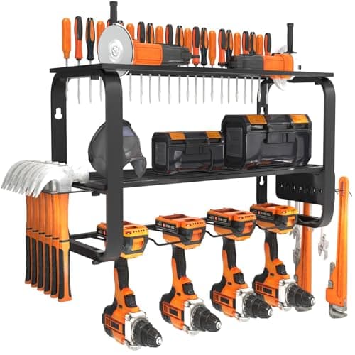 Zhirxo Power Tool Organizer Wall Mount - 3 Layers Cordless Tool Storage Rack with 4 Drill Holders - 4 Slot Matte Black Metal Workshop Garage Tool Organizer Shelf - 200-Lbs Load Capacity