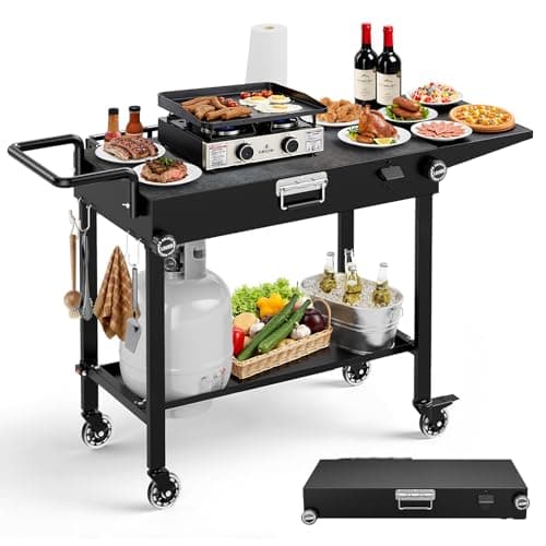 Portable Grill Cart for Blackstone Griddle, 440lb Foldable Outdoor Grill Table with Wheels for Ninja, 31" W x 17" D Blackstone Griddle Stand with Caddy Fit 17” or 22”, Black