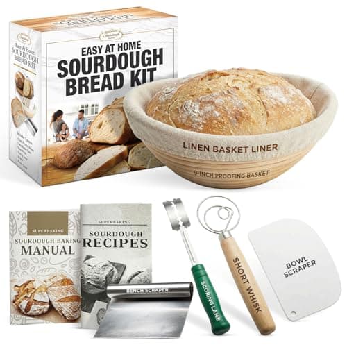 Sourdough Bread Kit – 9” Banneton Bread Proofing Basket with Liner, Whisk, Lame, Scrapers & Recipe Guide – Complete Sourdough Kit with Bread Proofing Basket, Sourdough Tools & Bread Making Supplies