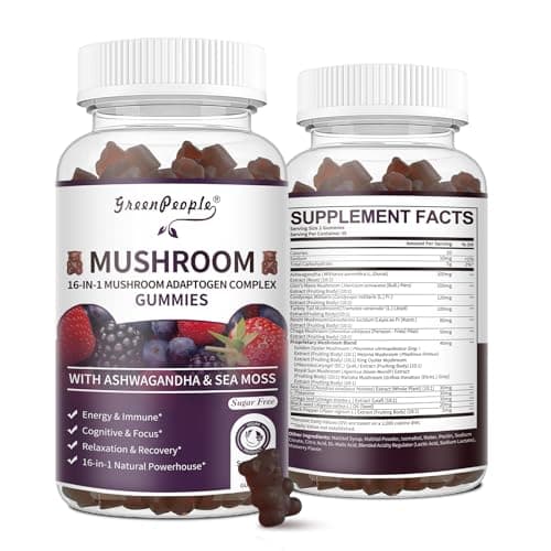 GREENPEOPLE Mushroom Gummies - 10x Mushroom Supplement Complex w/Ashwagandha, Lions Mane, Cordyceps, Chaga - Support Immune,Energy,Cognitive & Focus - MixBerry Flavor, Vegan, Sugar-Free 60 CT 2 Pack