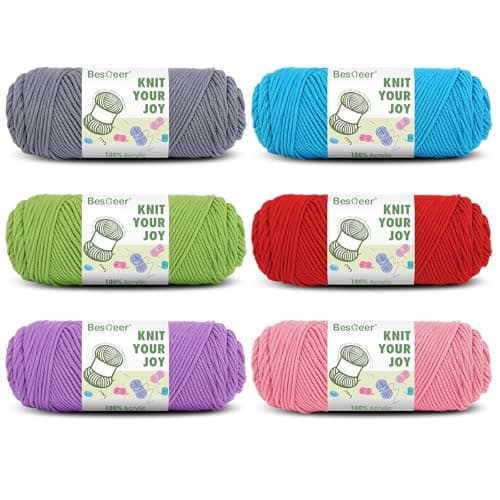 Besgeer Whtie Yarn for Crocheting, Knitting, Tufting, Craft, 6 Pack of 100g/3.5oz Crochet Yarn, 4 Medium (Worsted), 654 Yards - 100% Acrylic (6 Colors：Green, Blue, Pink, Red, Gray, Purple)