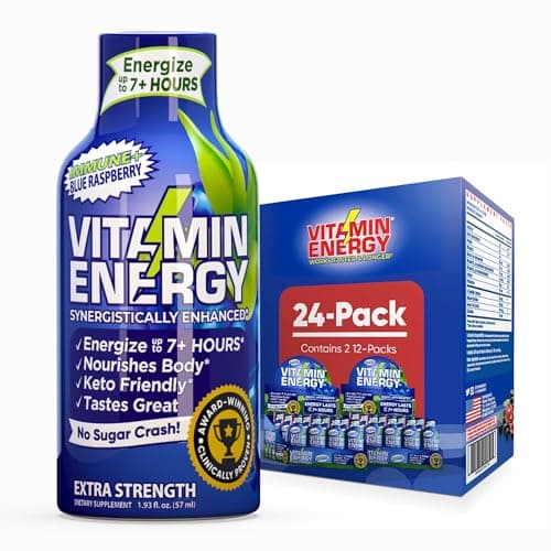 Vitamin Energy Immune+ Extra Strength Energy Shot Blue Raspberry 24 Pack, 260mg Natural Caffeine, B-Vitamins, Citicoline, Green Tea, Immunity & Focus Support, Zero Sugar, Gluten-Free 1.93 fl oz