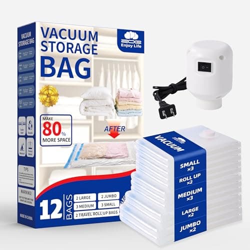 ZoeEnjoyLife,Vacuum Storage Bags with Electric Pump, 12 Pack (2 Roll-Up,3 Small,3 Medium,2 Large,2 Jumbo), Heavy Duty PA+PE Space Saver Bags for Clothes, Bedding, Home & Travel