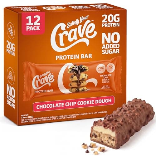 Satisfy Your Crave Protein Bars– High Protein Delicious Snacks– 20g of Protein, No Added Sugar– Chocolate Chip Cookie Dough– Perfect for Breakfast, On-the-Go Snack, Pantry Staple & Office Treat– Non-GMO, 12 Pack