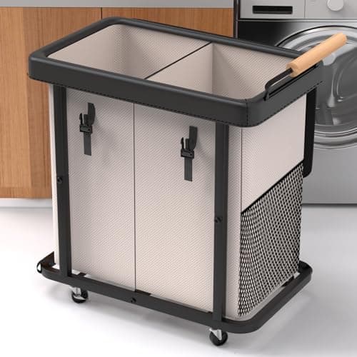 190L (50 Gal) Extra Large Fashion Laundry Hamper 2 Section with Lid, Rolling Laundry Basket Hamper with Handle, Laundry Organizer Storage Cart with Sturdy Metal Frame for Laundry Room, Hotel,White