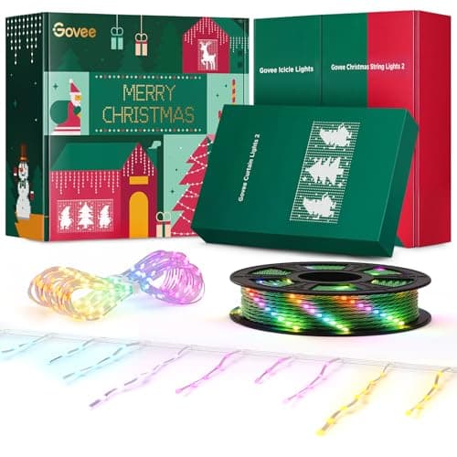 Govee Outdoor Lights Set, Includes Curtain Lights, String Lights, & Icicle Lights, House Decor for Indoors & Outdoors, RGBIC Smart LED Lights, Holly-Jolly Christmas Bundle 1 Pack Each