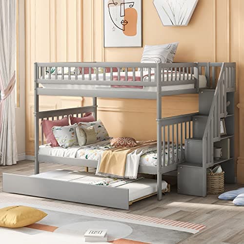 Merax Full Over Full Bunk Bed with Trundle, Wood Full Bed Frame with Staircase, Storage Space, and Guard Rail for Teens, Adults, Suitable for Bedroom, Dorm, Grey