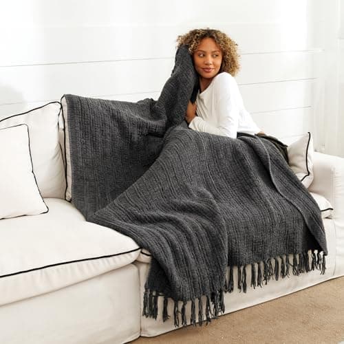 NANPIPER Knit Blanket Ultra-Soft Cozy Throw Handknit Style for Couch, Luxurious Lightweight Home Decor, Dark Grey 50"x60"