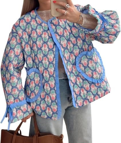 Tankaneo Womens Cropped Puffer Jacket Floral Print Open Front Quilted Jacket Bow Tie Heart Coat Lightweight Outerwear