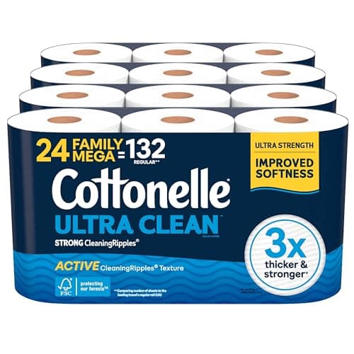 Cottonelle Ultra Clean Toilet Paper with Active CleaningRipples Texture, Strong Bath Tissue, 24 Family Mega Rolls = 132 Regular Rolls (4 Packs of 6)