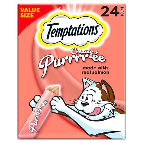 Temptations Creamy Puree Squeezable Lickable Wet Cat Treats with Salmon, 0.42 oz. Tubes, 24 Count
