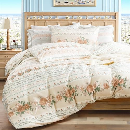 Cozaline 100% Nature Cotton Duvet Cover Queen Size - Reversible Chic Shabby Garden Floral Duvet Cover Set with Zipper Closure, 3 Pcs Soft&Lightweight Vintage Comforter Cover for All Seasons