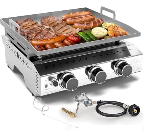 COWSAR 3-Burner Portable Tabletop Grill, 24000 BTU Stainless Steel Non-Stick Outdoor Portable Propane Griddle for Camping RV Backyard BBQ