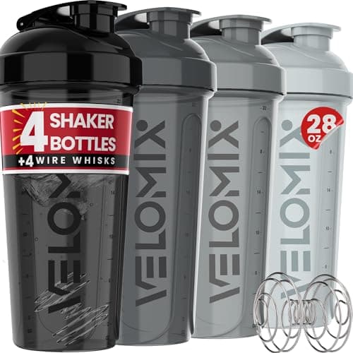VELOMIX -4 Pack- 28 oz Protein Shaker Bottles for Protein Mixes - 4x Wire Whisk | Leak Proof Shaker Cups for Protein Shakes | Protein Shaker Bottle Pack (Silver Mix)