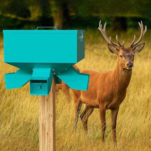 Portable 80LB Gravity Deer Feeder, Heavy Duty Metal Wildlife Feeder with 4 Feeding Ports, Weatherproof for Hunting & Backyard Game