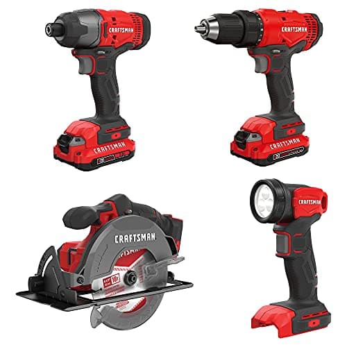 CRAFTSMAN V20 MAX Cordless Power Tool Kit, Circular Saw with 6 1/2 inch Blade, 1/4 inch Impact Driver, 1/2 inch Drill/Driver, LED Task Light, Battery and Charger Included (CMCK401D2AM)