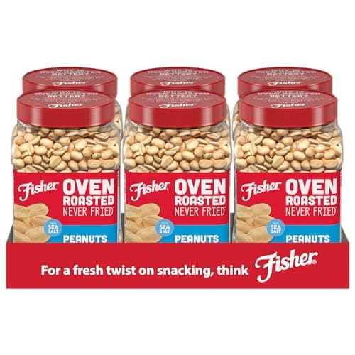 Fisher Oven Roasted Never Fried Peanuts, 24 Ounces (Pack of 6), Snacks for Adults, Made With Sea Salt, No Added Oils, Artificial Ingredients or Preservatives, Gluten Free, Vegan Protein, Bulk ​