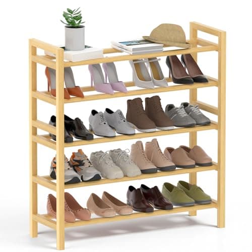 Haddockway Bamboo Shoe Rack for Closet, Free Standing Shoe Organizer with Smooth Round Rods & Convenient Handles, Stackable Shoe Storage Shelf for Entryway, Hallway(Natural, 5-Tier)