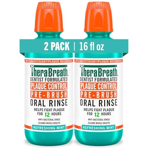 TheraBreath Plaque Control Pre-Brush Oral Rinse, Refreshing Mint Flavor, Antigingivitis and Antiplaque Rinse, Dentist Formulated, Alcohol Free, 16 Fl Oz (Pack of 2)