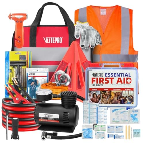 VLITEPRO Car Emergency Kit,Roadside Emergency Car Kit for Vehicles,with Portable Air Compressor,Jumper Cable for Women,Men,Teen (Black+red)