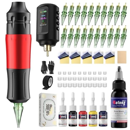 Solong Cordless Tattoo Gun Kit, 1800mAh Rechargeable Battery LED Display, Ergonomic Tattoo Machine Set with Ink Needles for Beginners Practice,SL-TKP202A-2