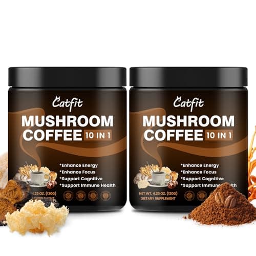 Catfit Instant Mushroom Coffee Powder, 10-in-1 Adaptogen Blend with Lion's Mane, Chaga & Cordyceps for Energy, Focus, Gut Health & Immune Support - 240g, 75 Servings
