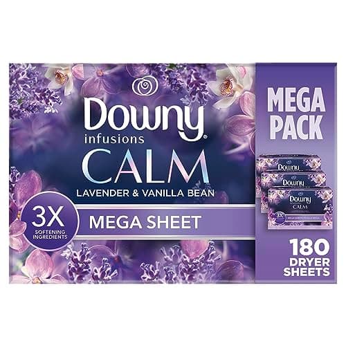 Downy CALM, Mega Dryer Sheets, Laundry Fabric Softener, Lavender and Vanilla Bean, 180 Count