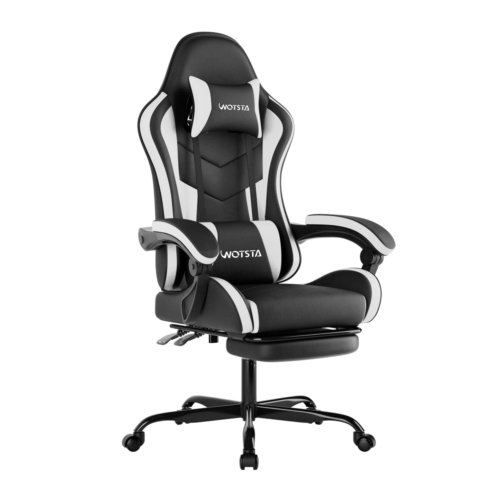 WOTSTA Ergonomic Gaming & Office Chair, Footrest, Racing Design Black/White | PVC with headrest,lumbar, Adjustable Height recliner for adults 2D-Linkage Armrests for 300LBS