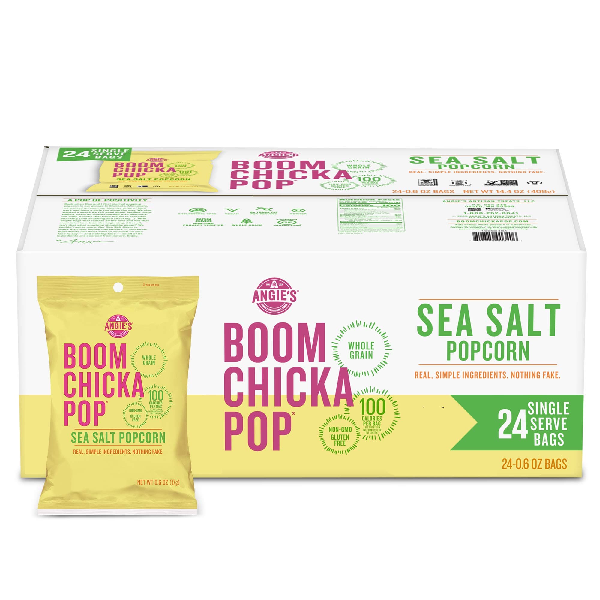 Angie's BOOMCHICKAPOP Sea Salt Popcorn, 0.6 oz. Individual Bag (Pack of 24)