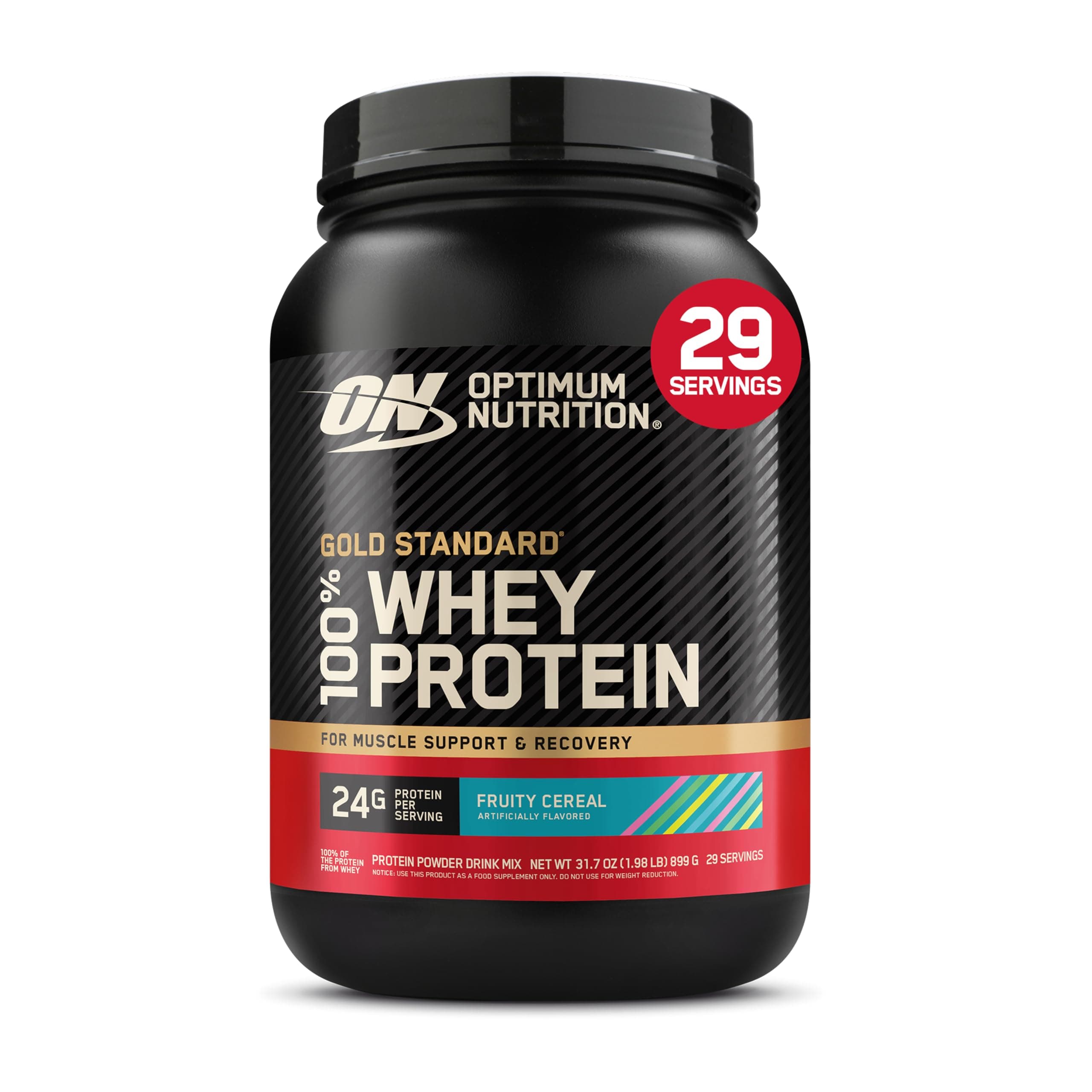 Optimum Nutrition Gold Standard Whey Protein Powder, Fruity Cereal, 2LB | 24g 100% Whey Protein Per Serving, with BCAAs, Gluten Free, Banned Substance Tested, Easy Mixing, Muscle Support & Recovery
