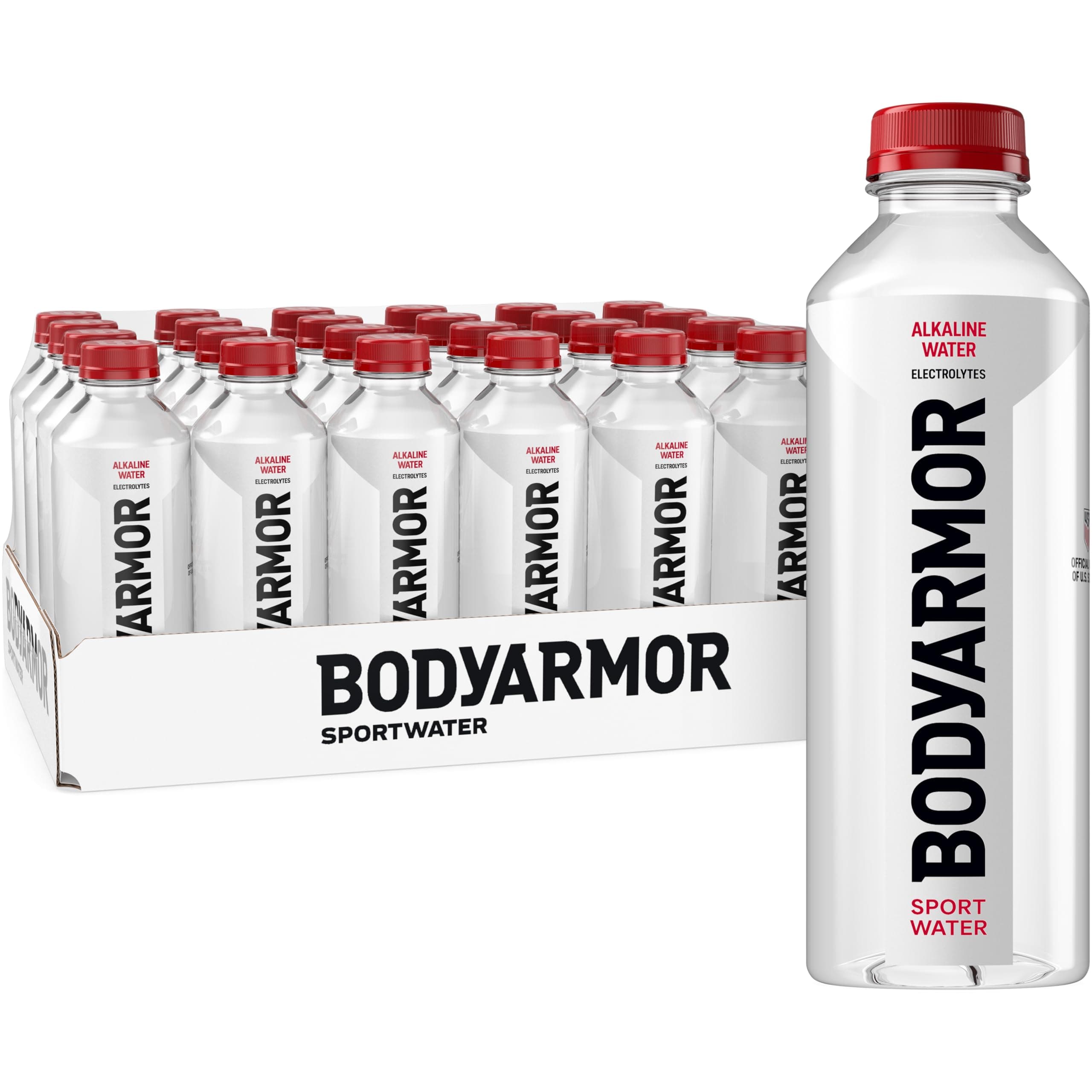 BODYARMOR SportWater Alkaline Water, High Alkaline Bottled Water, pH 9+, 700mL (24 Pack), Refreshing Electrolyte Drink Pack, Wide Mouth Bottle