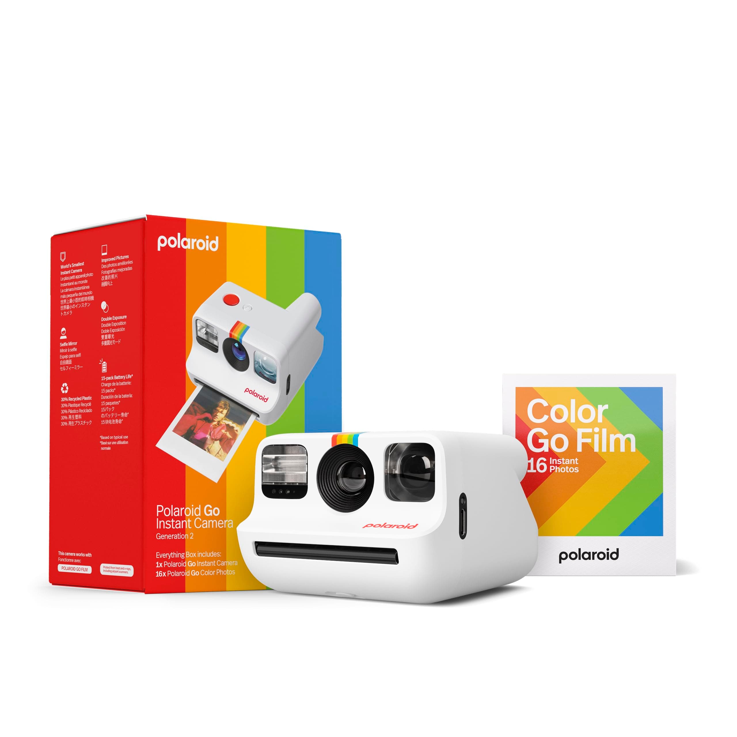 Polaroid Go Generation 2 - Mini Instant Camera + Film Bundle (16 Photos Included) - White (6282) | Polaroid Go Gen 2 Camera Plus Color Go Film, USB-C Cable, Wrist Strap, Guides, (16 Photos Included)