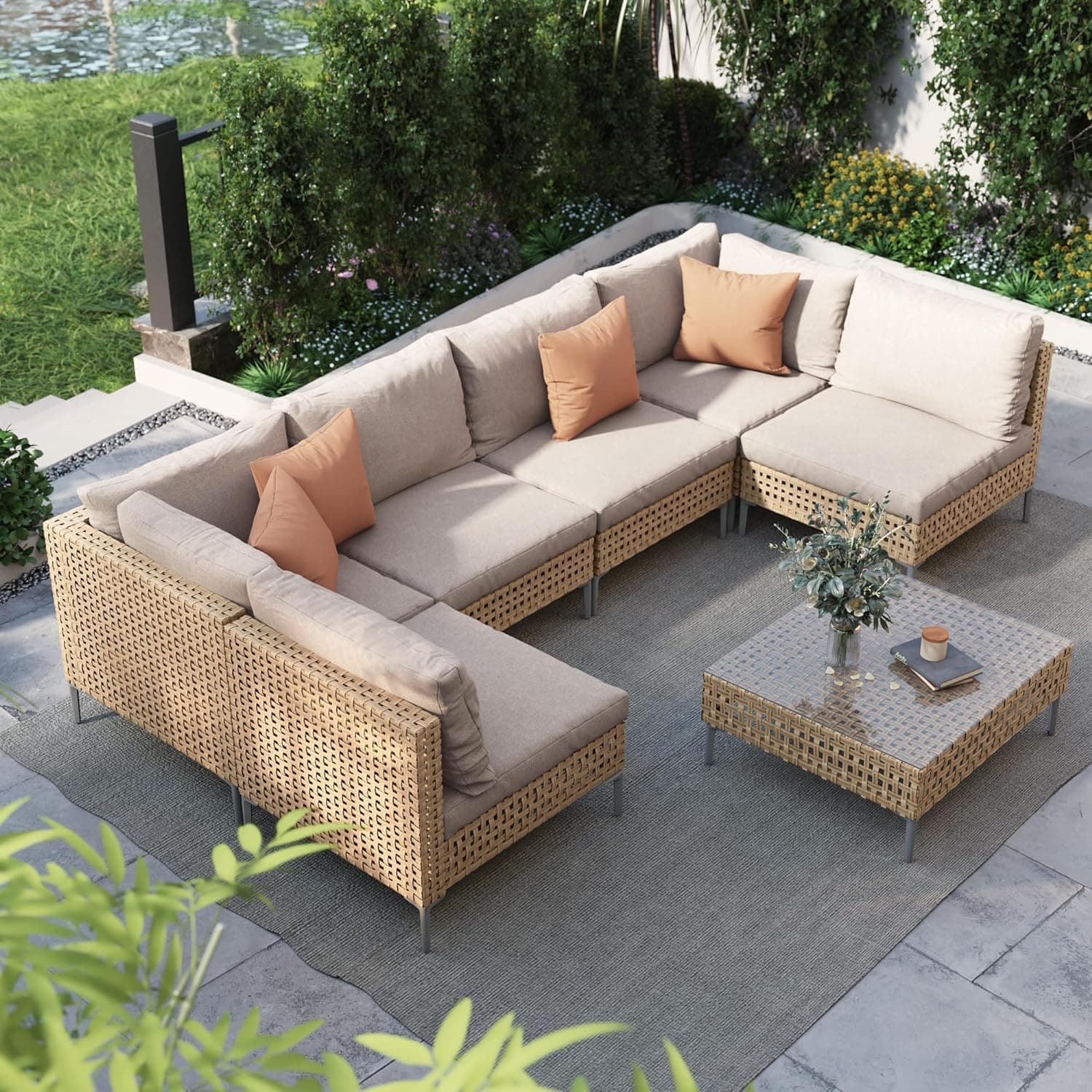 Grand patio 7-Piece Wicker Patio Furniture Set, Outdoor Sectional Sofa | Boho outdoor conversation set with sectional sofa, water-resistant thick cushions and coffee table for patio, deck or porch.