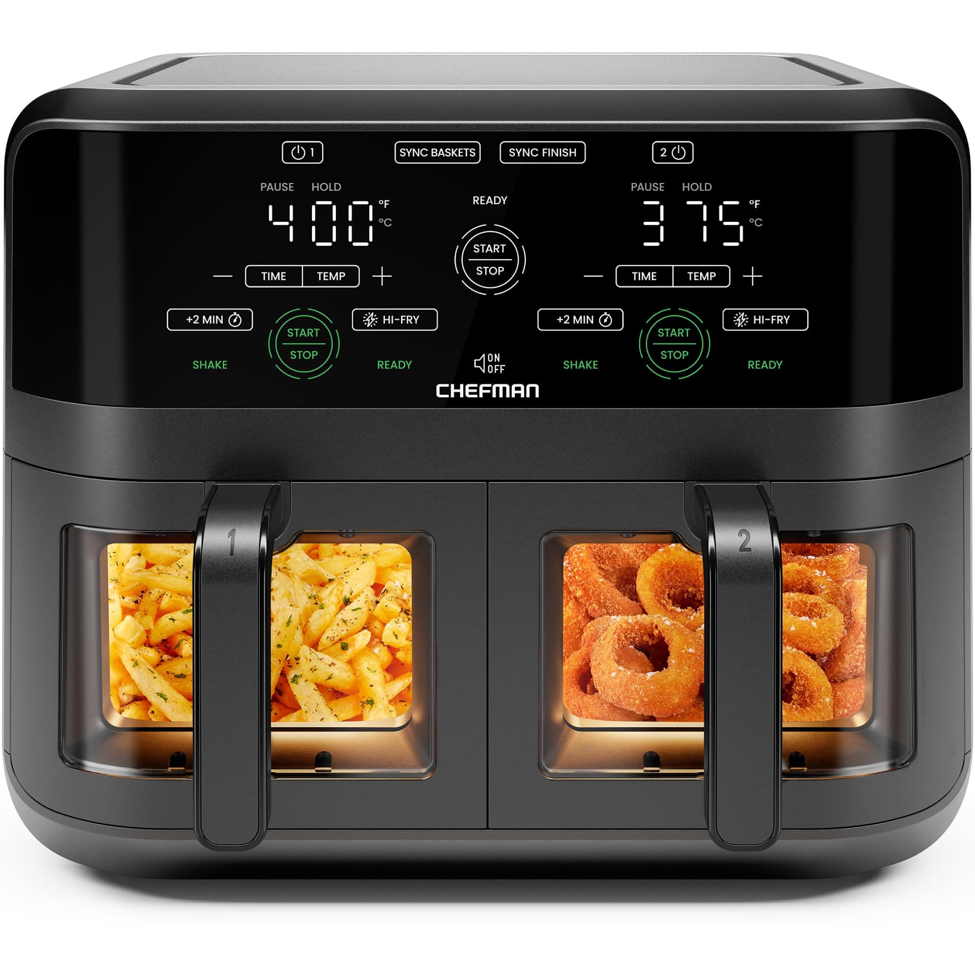 CHEFMAN 6 Quart Dual Basket Air Fryer Oven with Easy View Windows, Sync Finish, Hi-Fry, Auto Shutoff, 2 Independent 3Qt Nonstick Dishwasher Safe Frying Baskets, Digital Double Air Fryer - Black