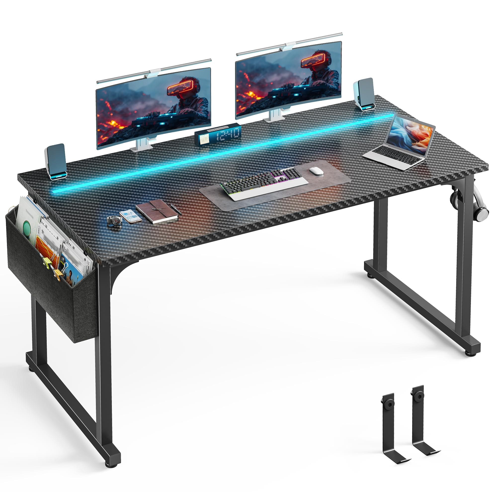 DurayLoly 55" Carbon Fiber Gaming Desk with RGB LED for Teens Bedroom,Black | Computer Desk with Side Storage Bag,2 Headphone Hook,Writing Study Gaming Table,Home Office,Stable Metal Frame