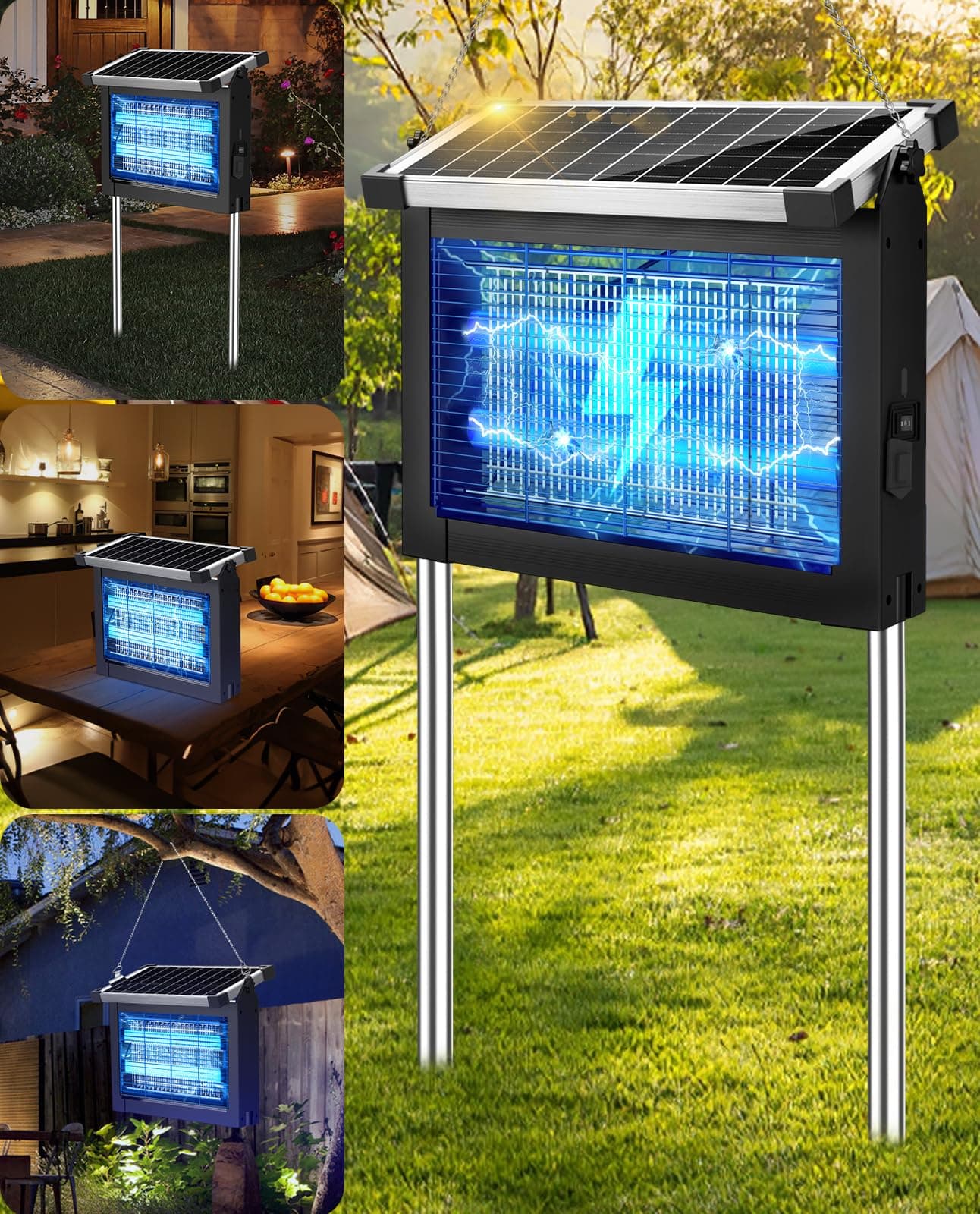 Solar Bug Zapper 4500V, Waterproof Mosquito Zapper Fly Traps Outdoor Patio | Auto Mode, Portable/Cordless/Rechargeable/Stake/Hang Design, 1 Acre Coverage, Dual LEDs, Patio Yard Camping Garden Pool Ideal