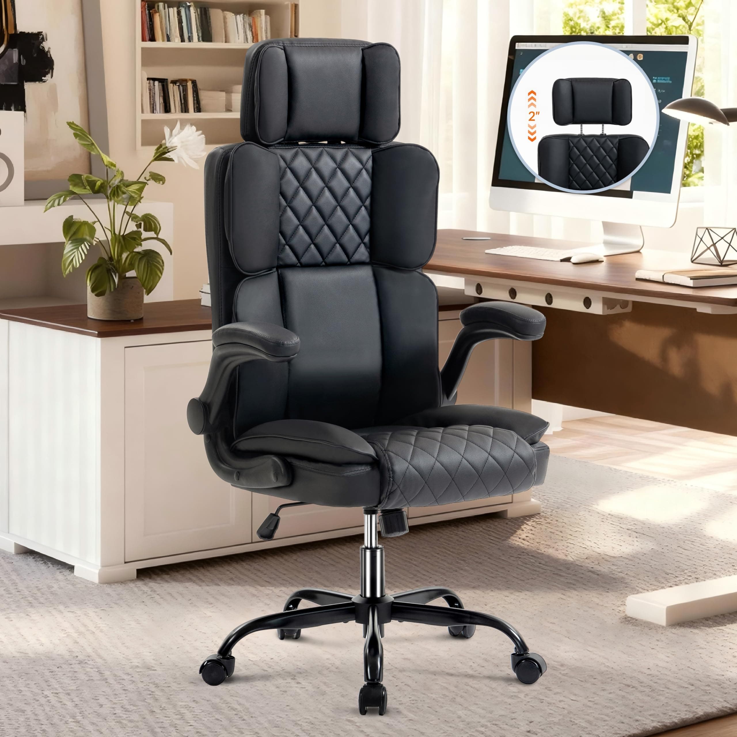 Office Chair with Adjustable Headrest - Executive Leather Desk Chair for Home Office, with Flip-Up Arms & Ergonomic Lumbar Support, Perfect for Work and Study, Black