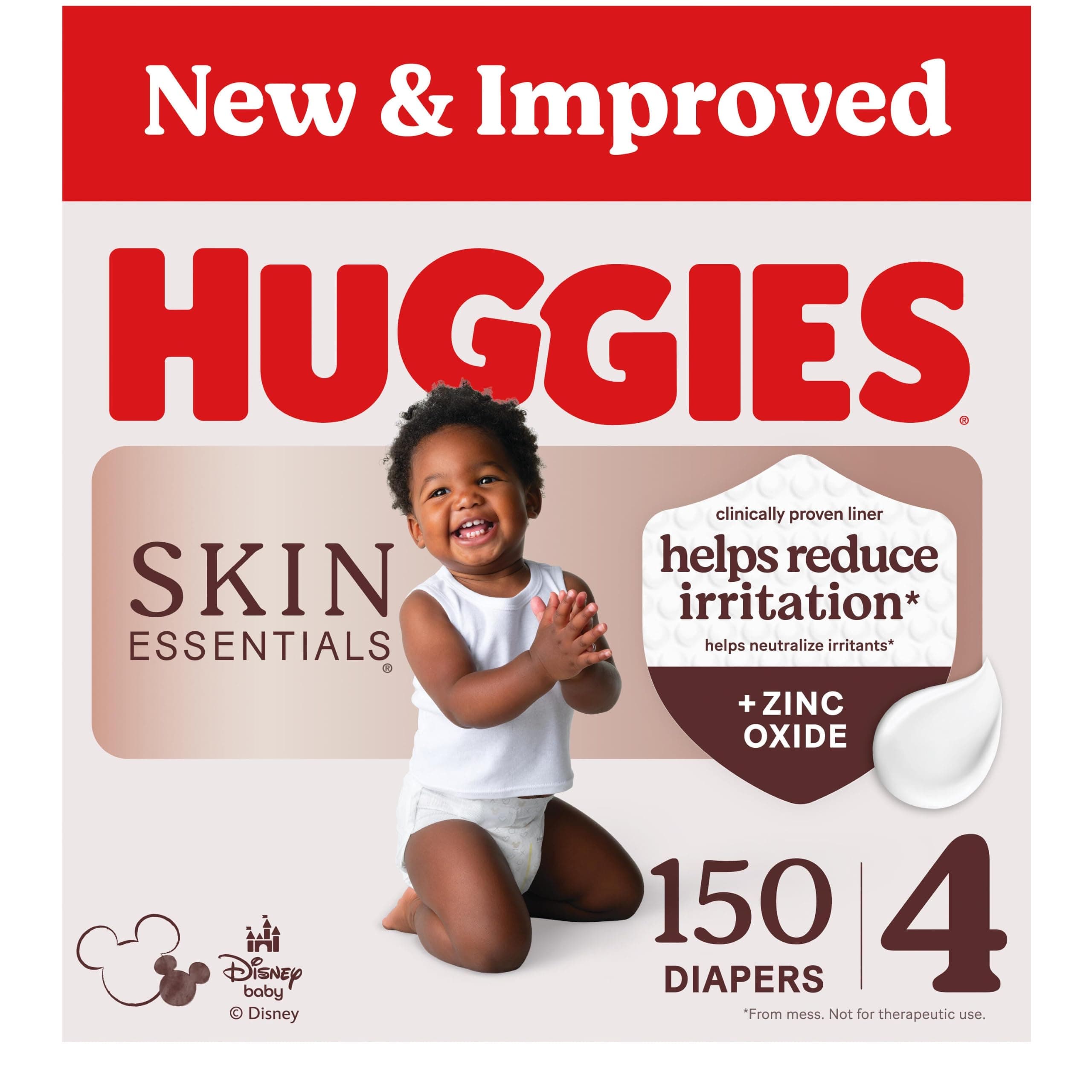 Huggies Skin Essentials Diapers Size 4, 150 Count (6 Packs of 25) | Zinc Oxide Enriched Liner, Rash Protection, Breathable Outer Cover, No Harsh Irritants, Dermatologist Tested